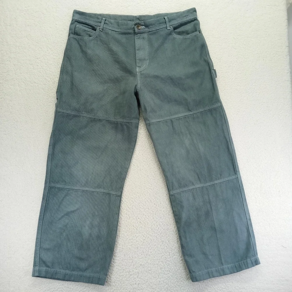 No Boundaries Mens Carpenter Pants 38x31 Green Double Knee Canvas Baggy
